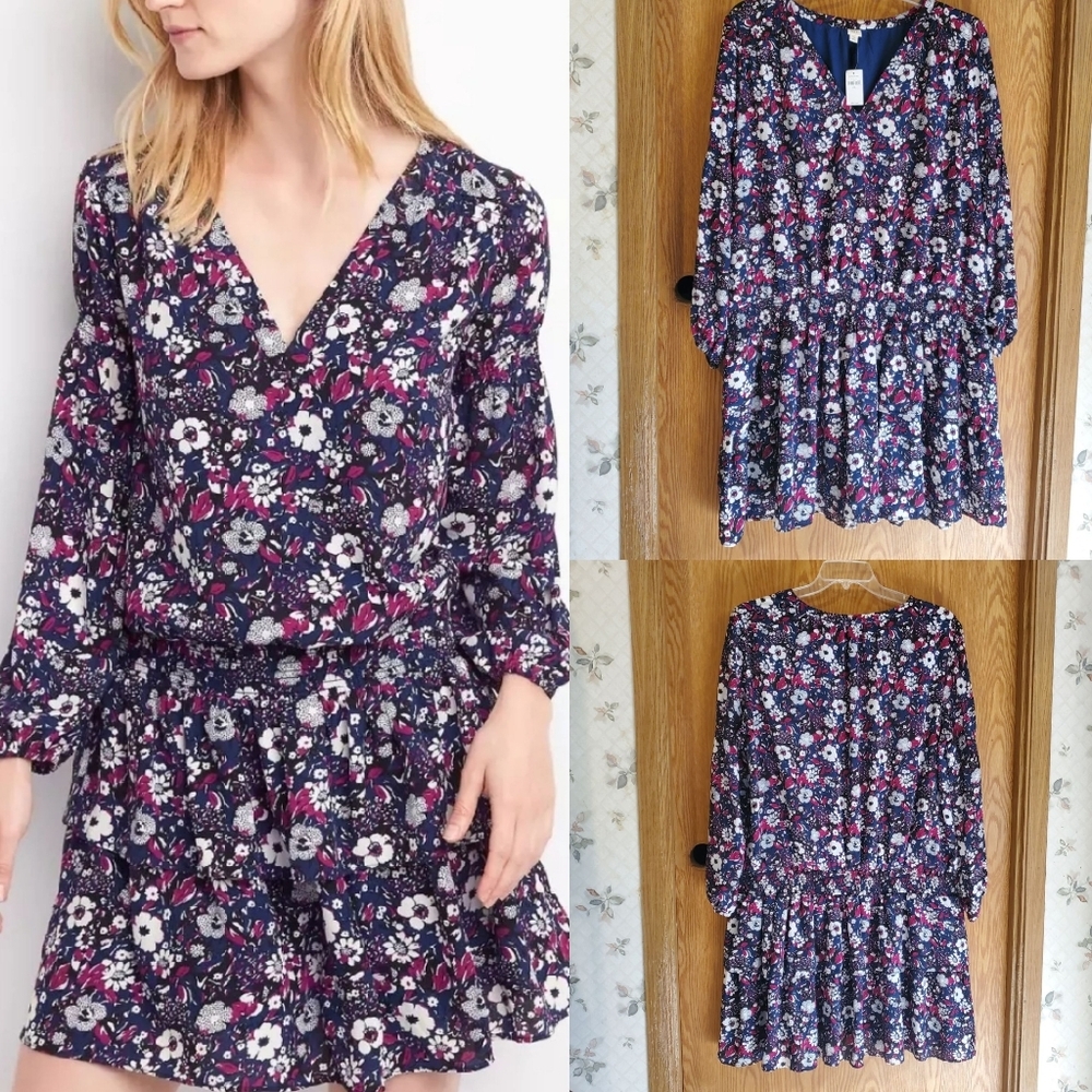 Gap LS smock waisted navy floral mini dress polyester size XXL